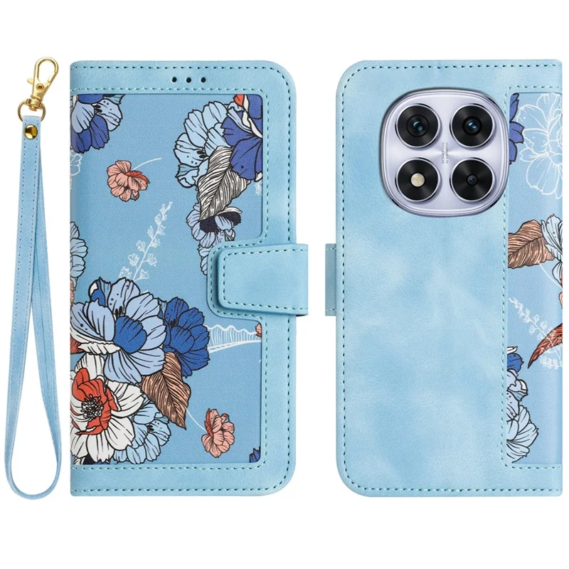 For Xiaomi Redmi Note 14 Pro 4G Case PU Leather Floral Phone Cover with Card Slots / Wrist Strap - Baby Blue
