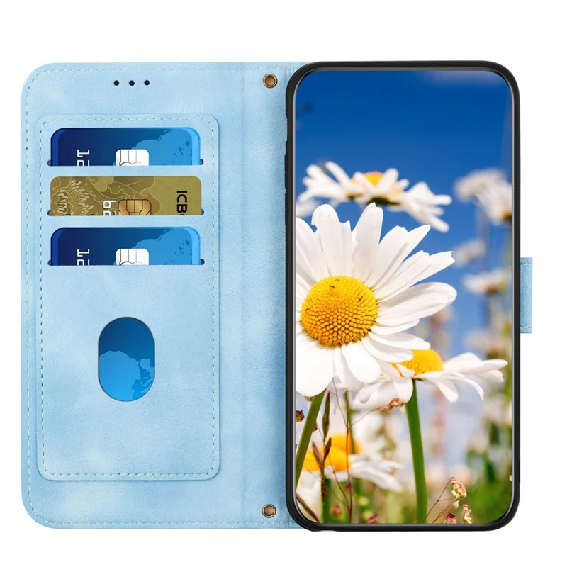 For Xiaomi Redmi Note 14 Pro 4G Case PU Leather Floral Phone Cover with Card Slots / Wrist Strap - Baby Blue
