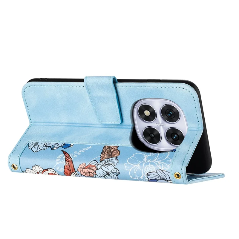 For Xiaomi Redmi Note 14 Pro 4G Case PU Leather Floral Phone Cover with Card Slots / Wrist Strap - Baby Blue