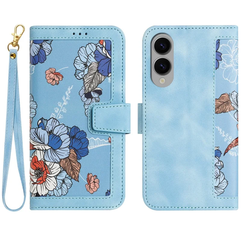 For Samsung Galaxy S25 Edge Case PU Leather Floral Phone Cover with Card Slots / Wrist Strap - Baby Blue