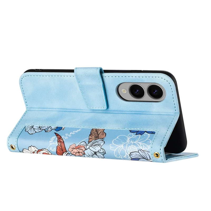 For Samsung Galaxy S25 Edge Case PU Leather Floral Phone Cover with Card Slots / Wrist Strap - Baby Blue