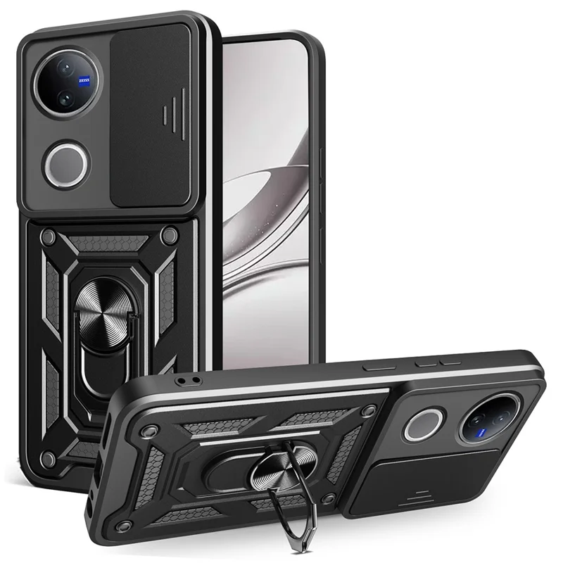 Étui pour vivo V50 5G avec couvercle coulissant pour caméra PC + TPU avec support - Noir