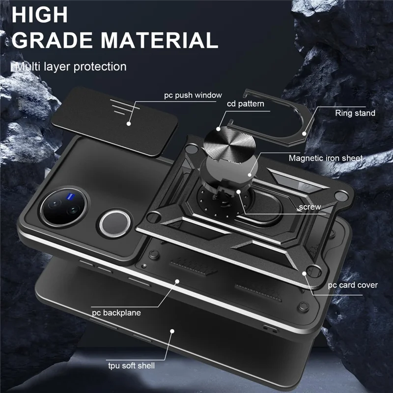 Étui pour vivo V50 5G avec couvercle coulissant pour caméra PC + TPU avec support - Noir