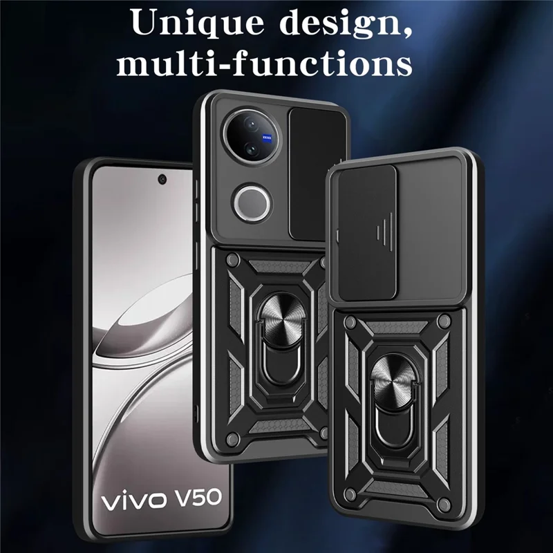 Étui pour vivo V50 5G avec couvercle coulissant pour caméra PC + TPU avec support - Noir
