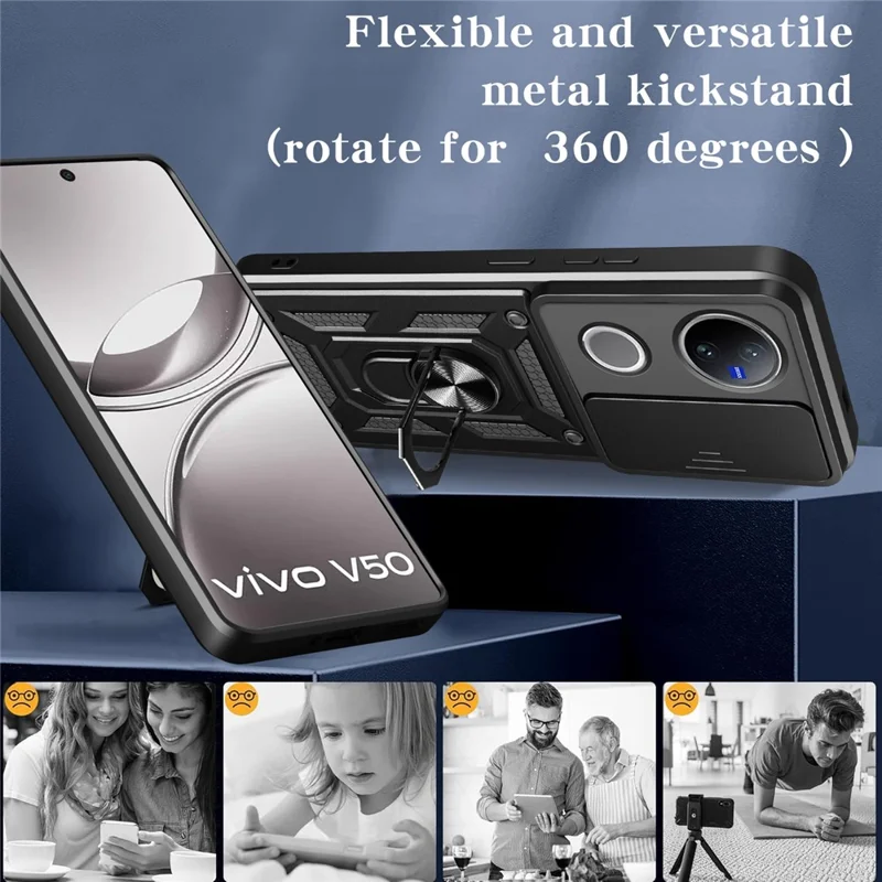Étui pour vivo V50 5G avec couvercle coulissant pour caméra PC + TPU avec support - Noir