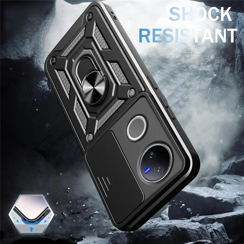 Étui pour vivo V50 5G avec couvercle coulissant pour caméra PC + TPU avec support - Noir