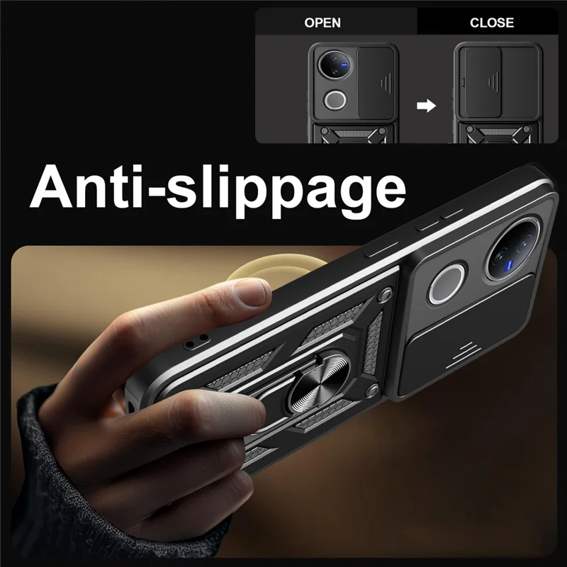 Étui pour vivo V50 5G avec couvercle coulissant pour caméra PC + TPU avec support - Noir