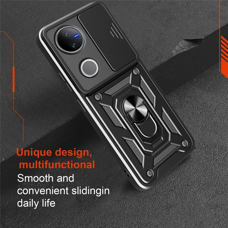 Étui pour vivo V50 5G avec couvercle coulissant pour caméra PC + TPU avec support - Noir
