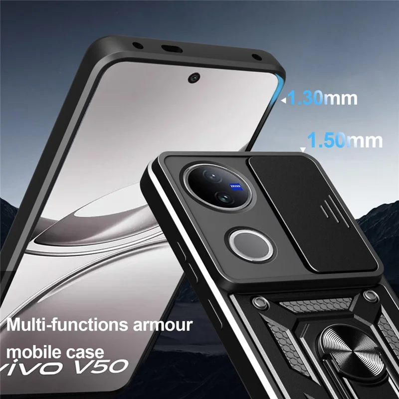 Étui pour vivo V50 5G avec couvercle coulissant pour caméra PC + TPU avec support - Noir