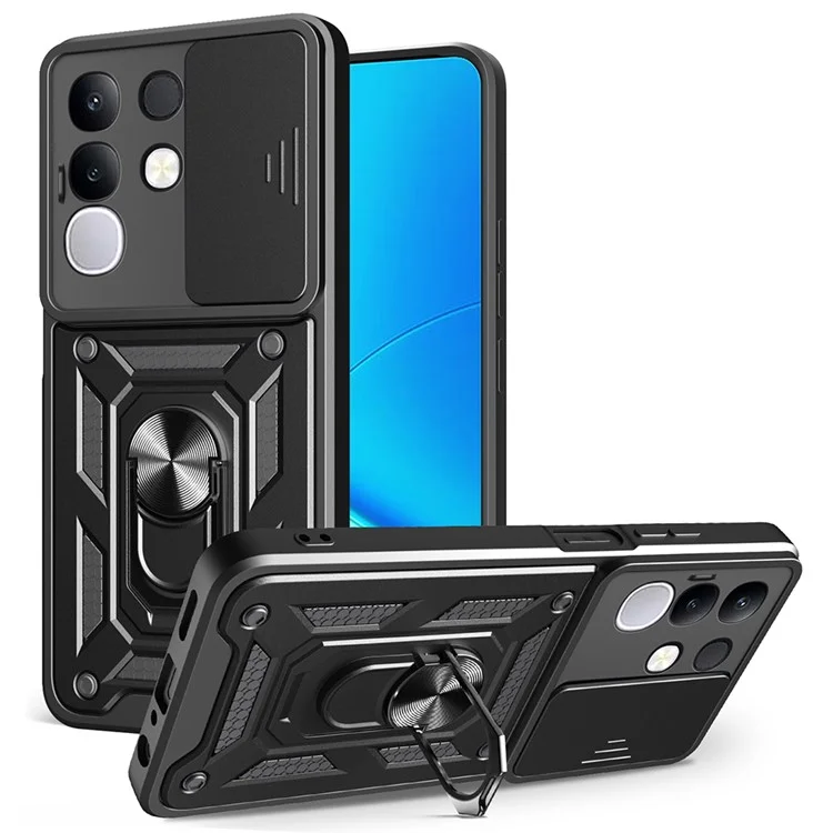 Étui pour vivo Y29 4G avec couvercle de caméra coulissant, coque de téléphone PC + TPU avec support - Noir