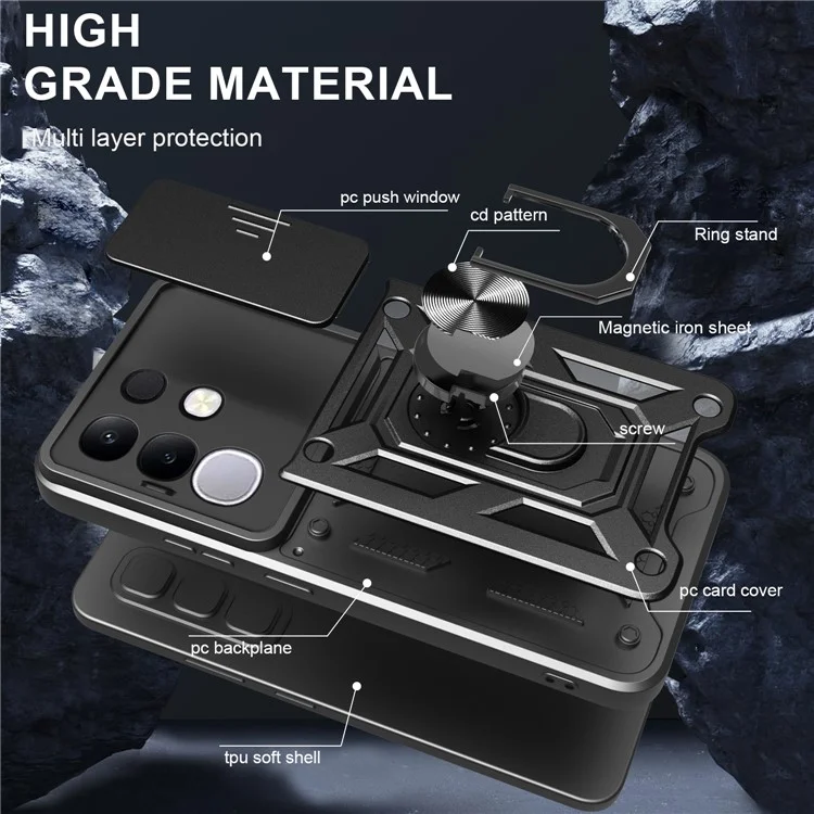 Étui pour vivo Y29 4G avec couvercle de caméra coulissant, coque de téléphone PC + TPU avec support - Noir