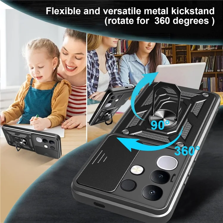 Étui pour vivo Y29 4G avec couvercle de caméra coulissant, coque de téléphone PC + TPU avec support - Noir
