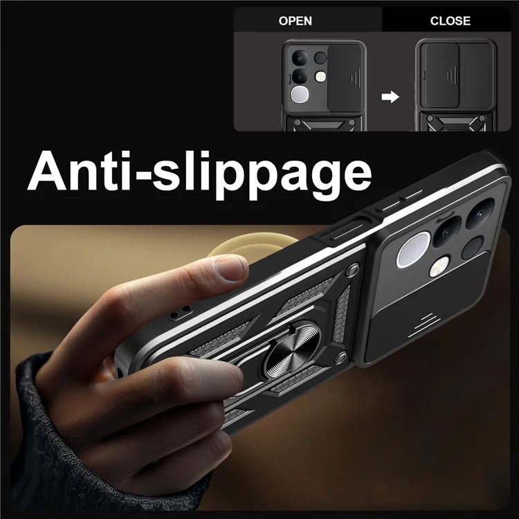 Étui pour vivo Y29 4G avec couvercle de caméra coulissant, coque de téléphone PC + TPU avec support - Noir