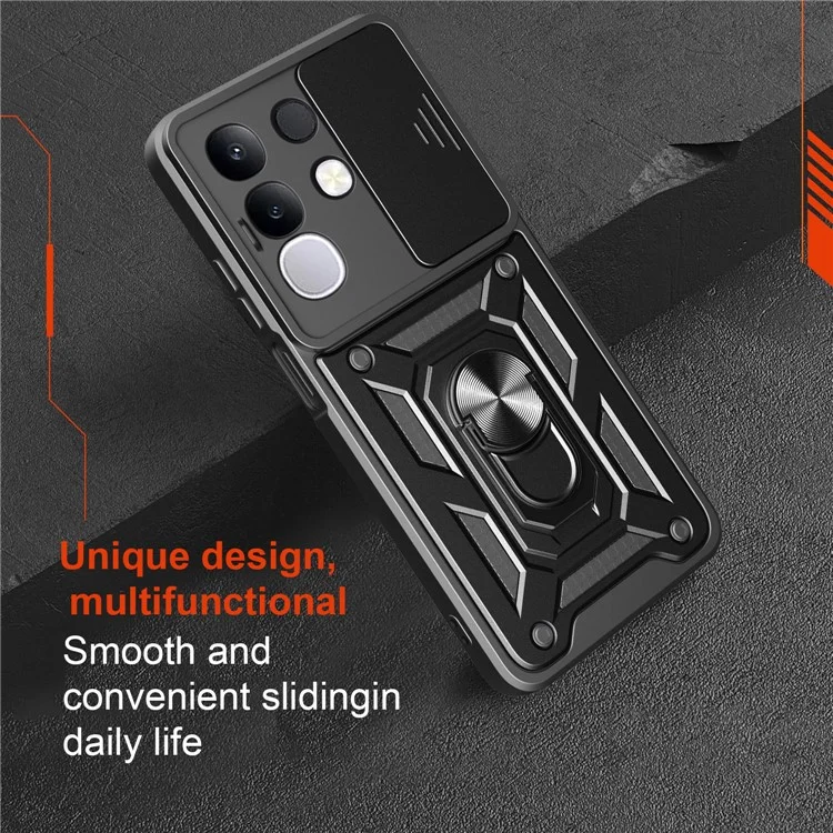 Étui pour vivo Y29 4G avec couvercle de caméra coulissant, coque de téléphone PC + TPU avec support - Noir