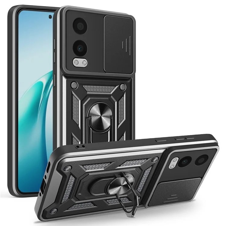 For OnePlus Nord CE4 Lite 5G Case with Slide Camera Lid PC + TPU Kickstand Phone Cover - Black