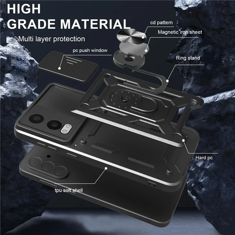 For OnePlus Nord CE4 Lite 5G Case with Slide Camera Lid PC + TPU Kickstand Phone Cover - Black