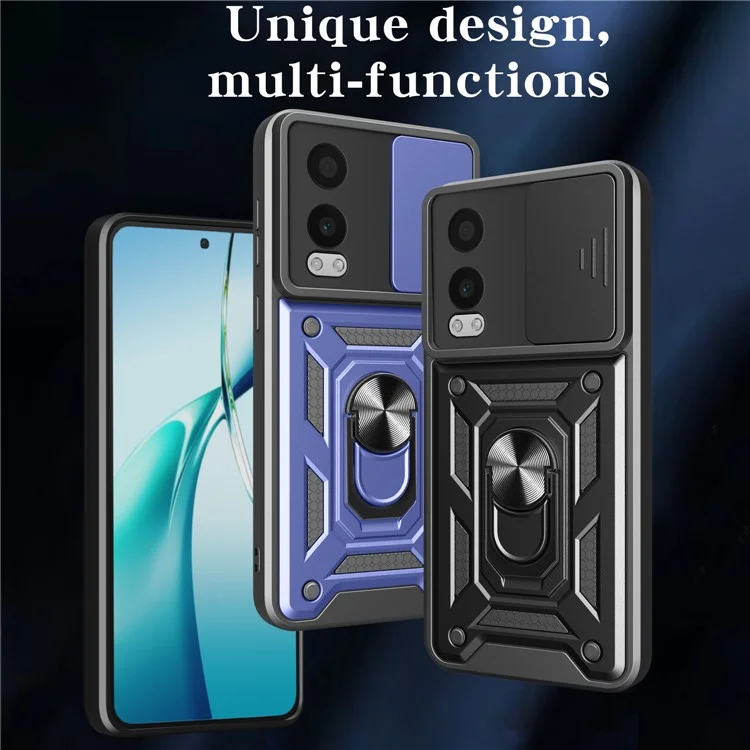 For OnePlus Nord CE4 Lite 5G Case with Slide Camera Lid PC + TPU Kickstand Phone Cover - Black
