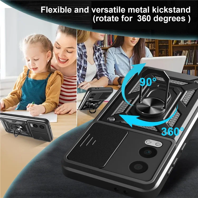 For OnePlus Nord CE4 Lite 5G Case with Slide Camera Lid PC + TPU Kickstand Phone Cover - Black