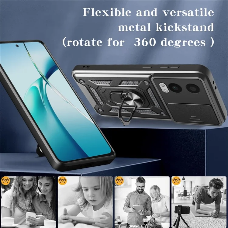 For OnePlus Nord CE4 Lite 5G Case with Slide Camera Lid PC + TPU Kickstand Phone Cover - Black