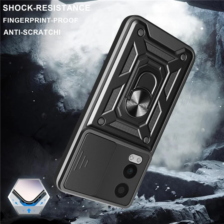 For OnePlus Nord CE4 Lite 5G Case with Slide Camera Lid PC + TPU Kickstand Phone Cover - Black