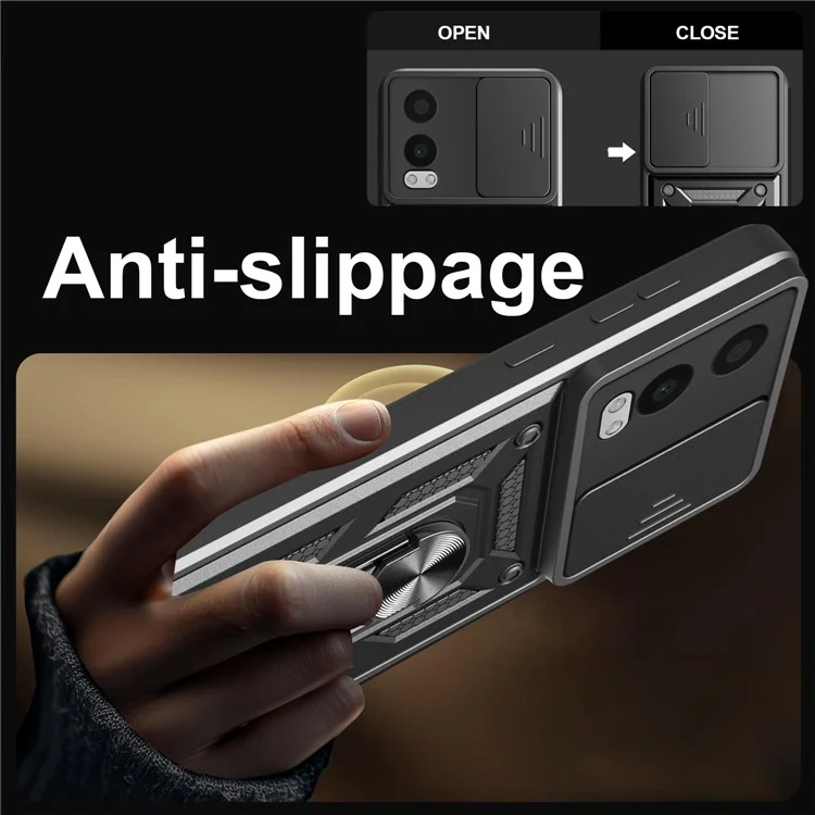 For OnePlus Nord CE4 Lite 5G Case with Slide Camera Lid PC + TPU Kickstand Phone Cover - Black
