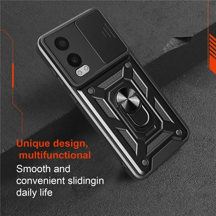 For OnePlus Nord CE4 Lite 5G Case with Slide Camera Lid PC + TPU Kickstand Phone Cover - Black