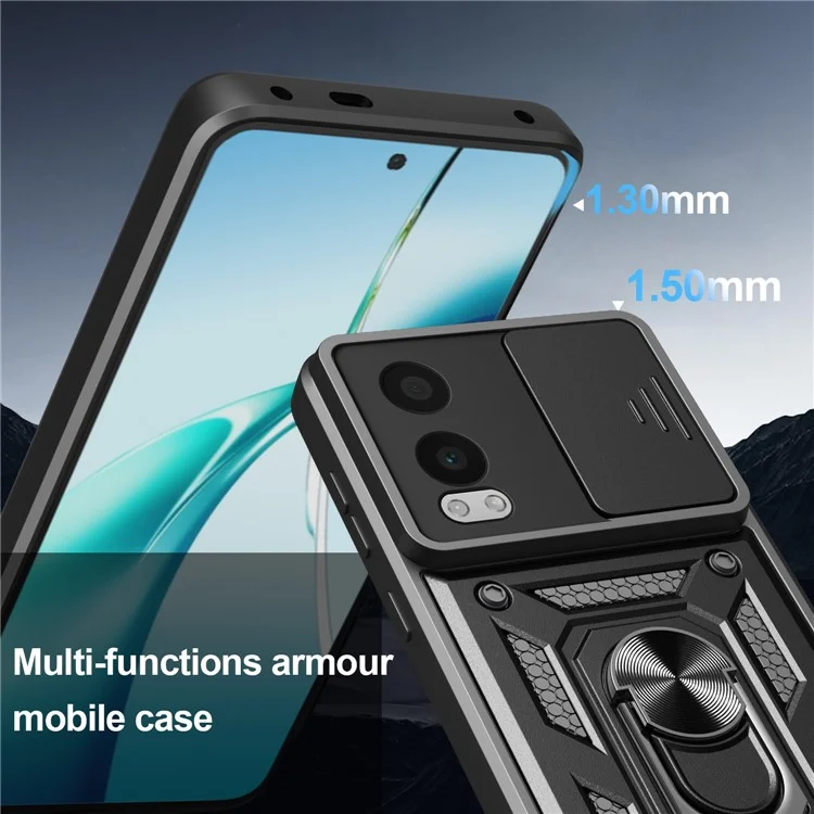For OnePlus Nord CE4 Lite 5G Case with Slide Camera Lid PC + TPU Kickstand Phone Cover - Black