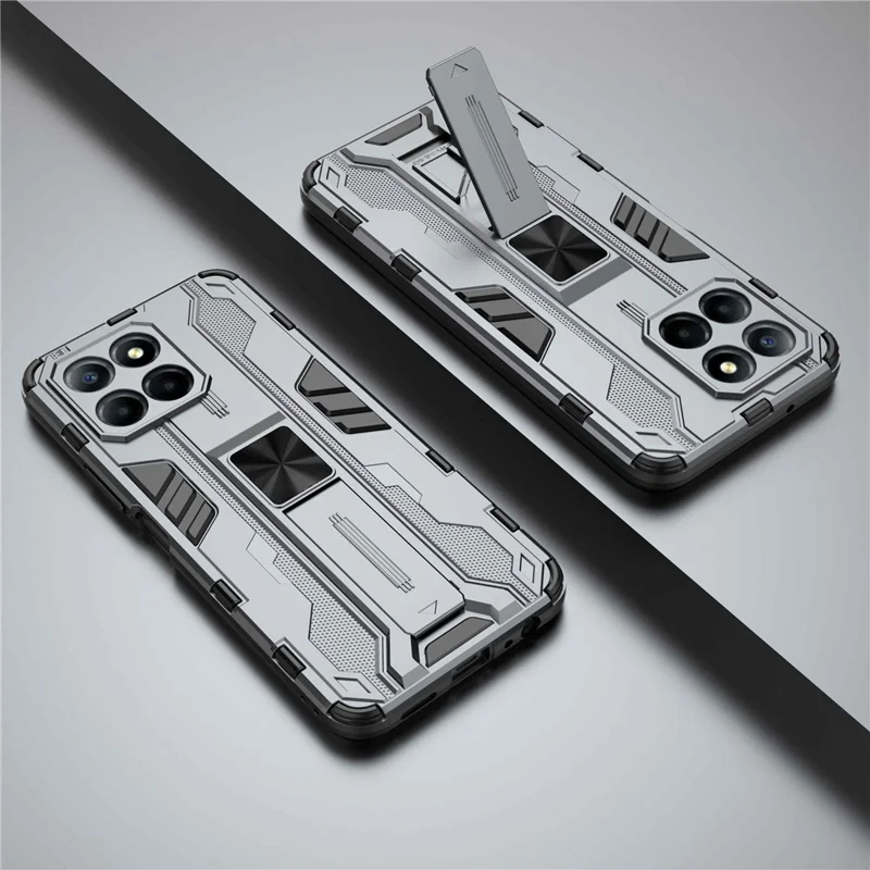 Para Honor X8 5G Kickstand Phone Case Anti-drop Hard PC Soft TPU Cubierta a Prueba de Choques - Gris