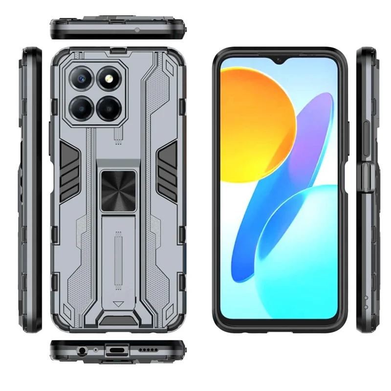 Para Honor X8 5G Kickstand Phone Case Anti-drop Hard PC Soft TPU Cubierta a Prueba de Choques - Gris