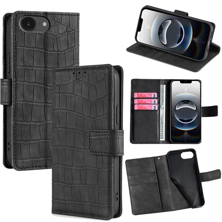 For iPhone 16e Leather Case Wallet Stand Crocodile Texture Mobile Phone Cover - Black