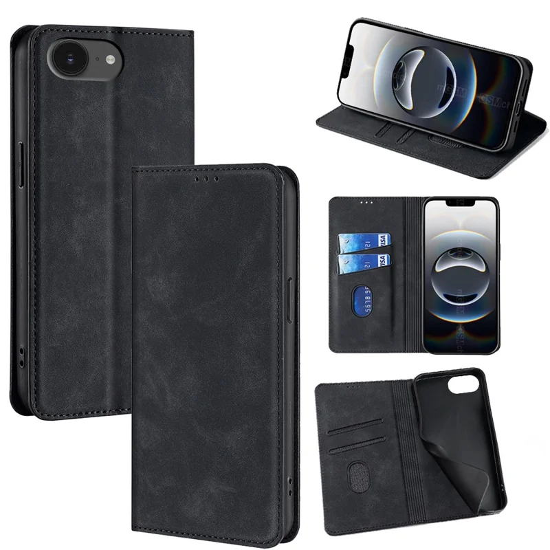 For iPhone 16e Card Holder Case PU Leather Magnetic Closing Phone Cover - Black