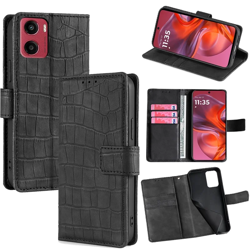 For Motorola Moto G05 4G Leather Case Wallet Stand Crocodile Texture Mobile Phone Cover - Black