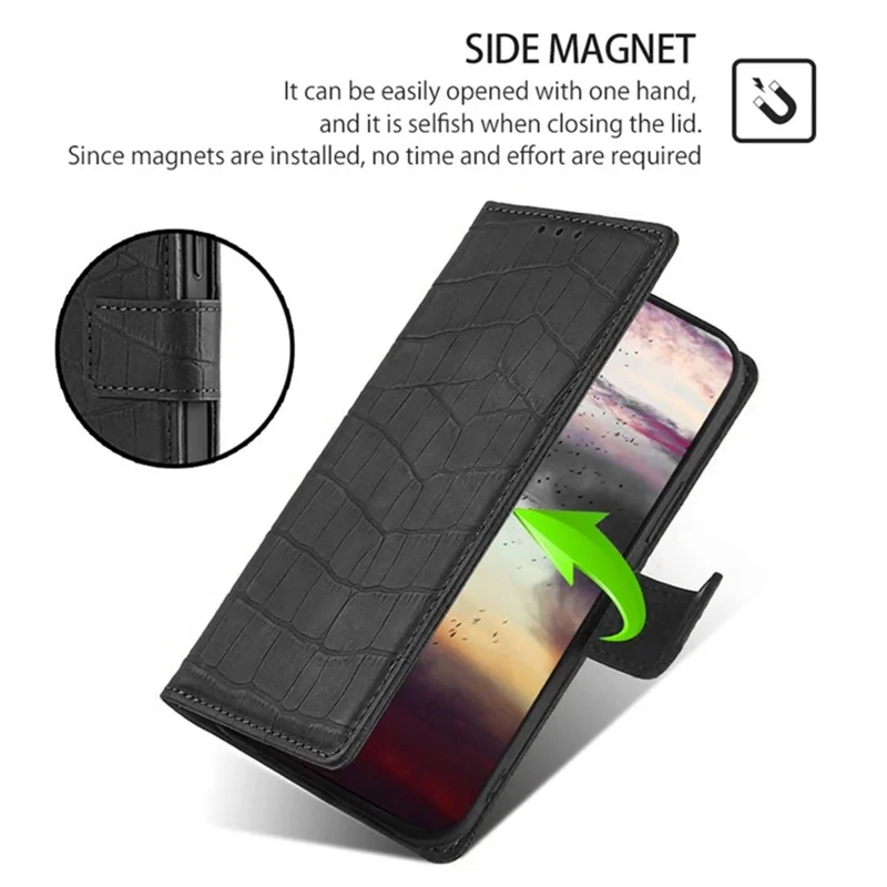 For Motorola Moto G05 4G Leather Case Wallet Stand Crocodile Texture Mobile Phone Cover - Black