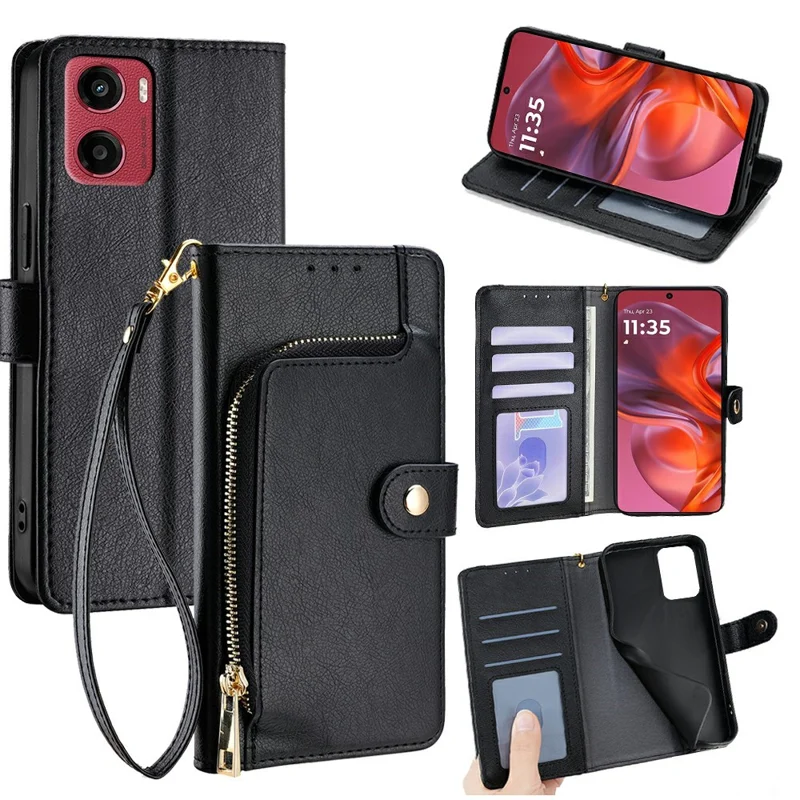 For Motorola Moto G05 4G Case Zipper Pocket PU Leather Wallet Flip Phone Cover - Black