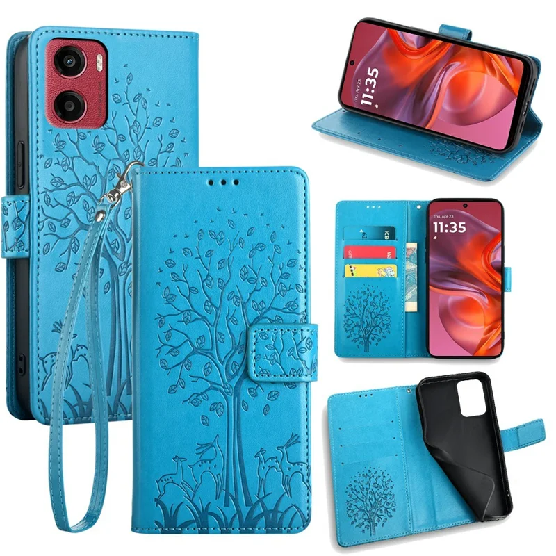 Voor Motorola Moto G05 4G hoesje PU lederen portemonnee telefoonhoes met geprinte boom en hert - Blauw