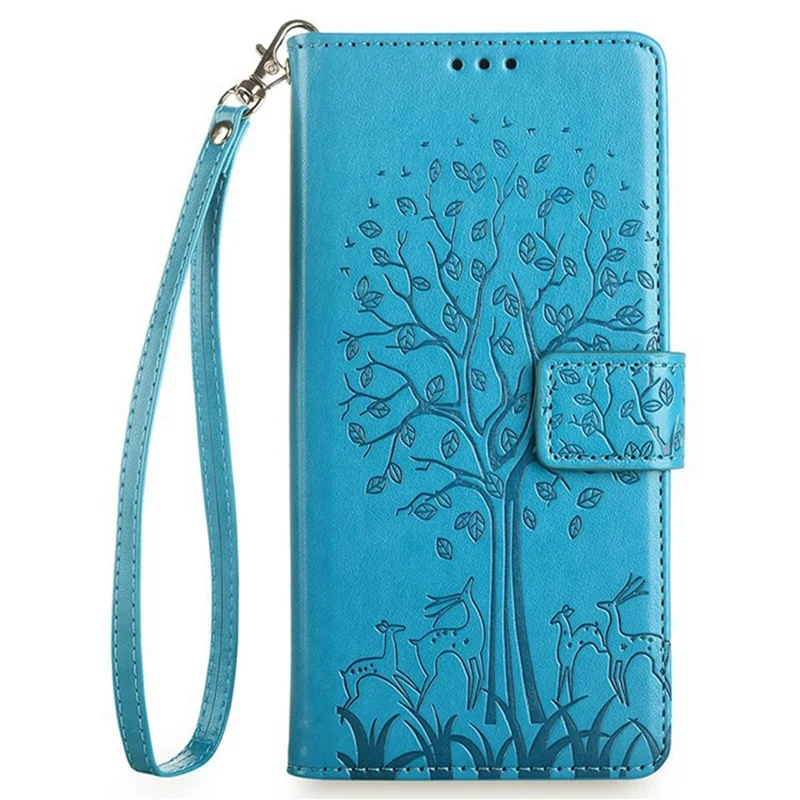Voor Motorola Moto G05 4G hoesje PU lederen portemonnee telefoonhoes met geprinte boom en hert - Blauw