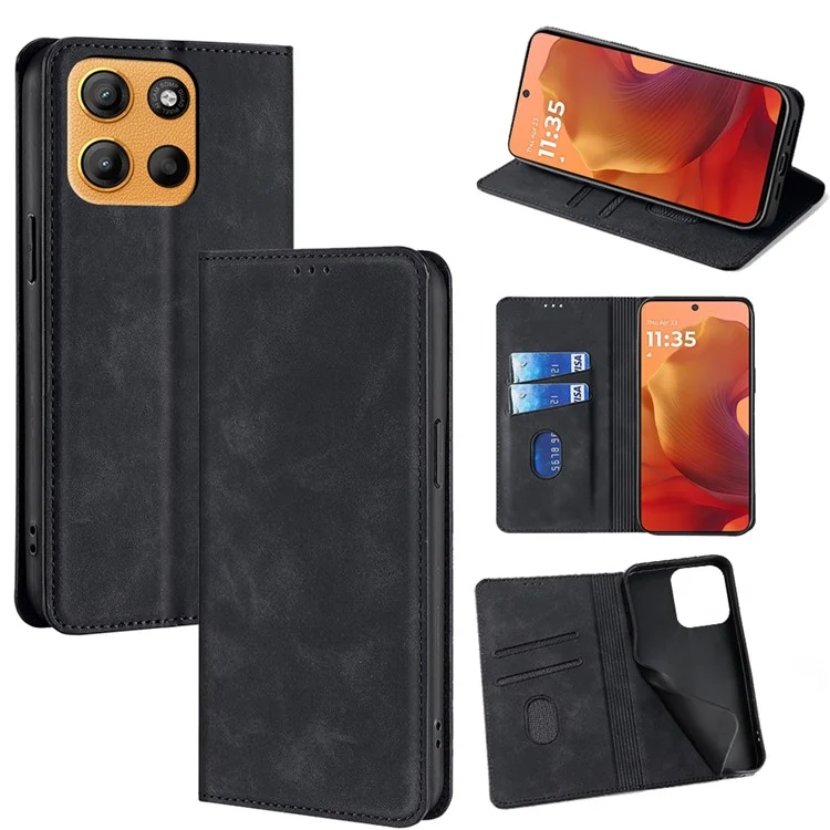 For Motorola Moto G15 Power 4G  /  G15 4G Card Holder Case PU Leather Magnetic Closing Phone Cover - Black