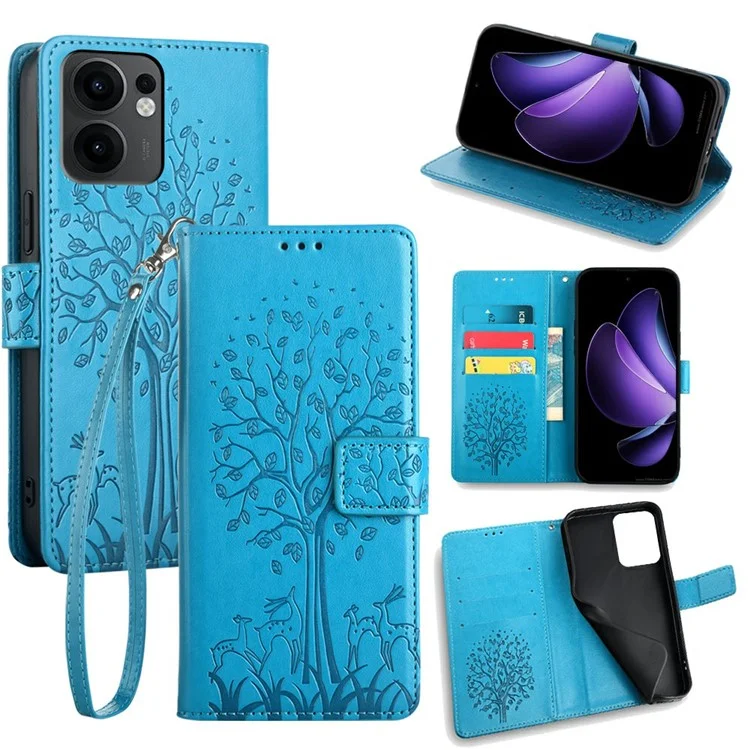 Per Oppo Reno13 F 5G / 4G Cover Portafoglio in Pelle PU con Stampa Cervo su Albero - Blu