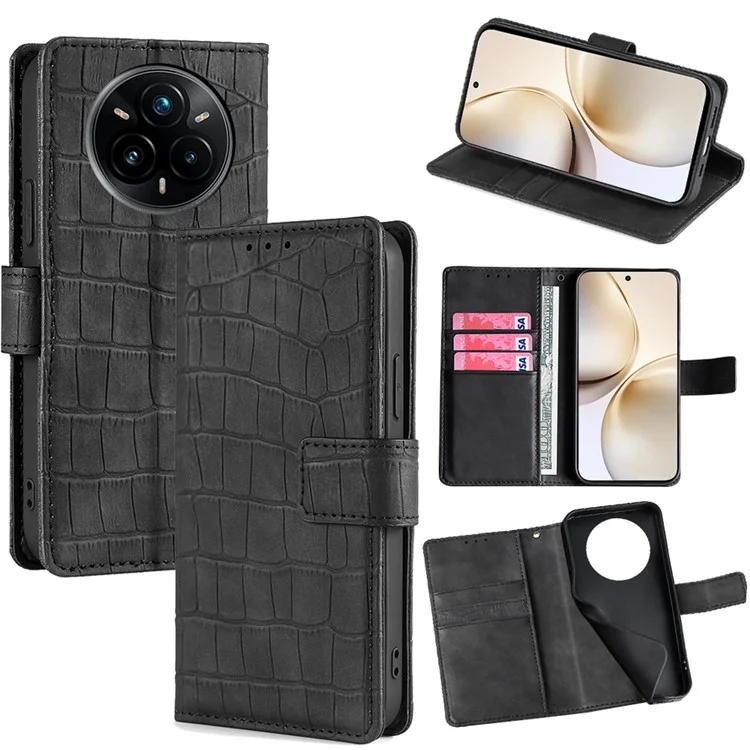 For Realme 14 Pro 5G Leather Case Wallet Stand Crocodile Texture Mobile Phone Cover - Black