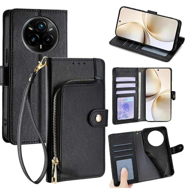 For Realme 14 Pro 5G Case Zipper Pocket PU Leather Wallet Flip Phone Cover - Black