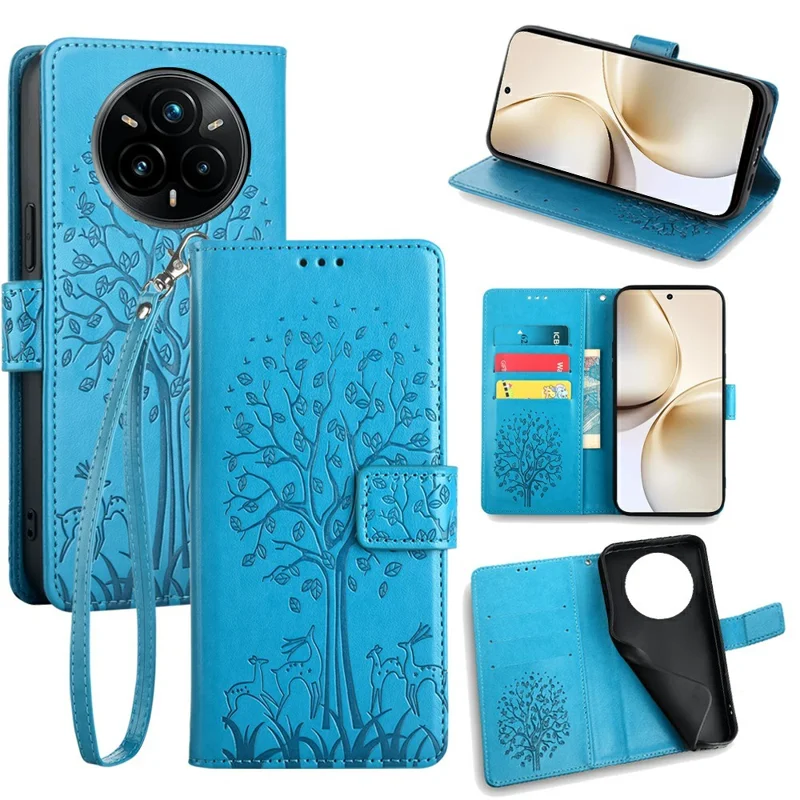 Voor Realme 14 Pro 5G hoesje PU lederen portemonnee telefoonhoes met geprinte boom en hert - Blauw