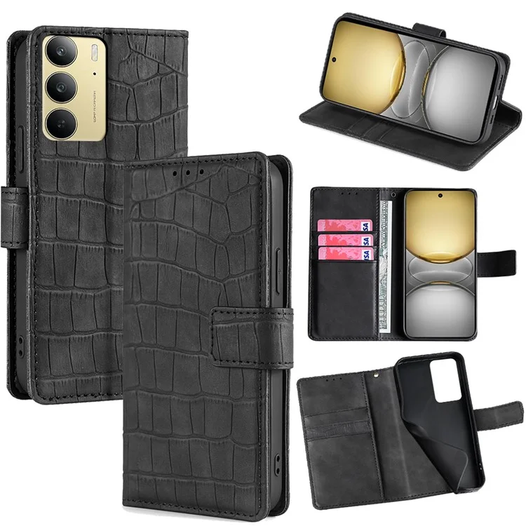 For Realme C75 4G / Realme 14x 5G Leather Case Wallet Stand Crocodile Texture Mobile Phone Cover - Black