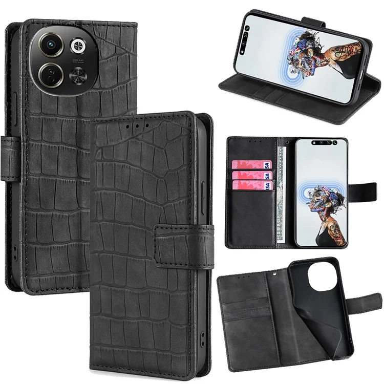 For TECNO Pova 6 Neo 5G  /  Spark 30 5G Leather Case Wallet Stand Crocodile Texture Mobile Phone Cover - Black