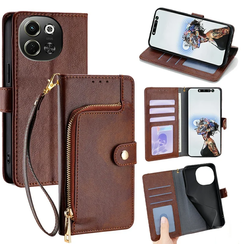 For TECNO Pova 6 Neo 5G / Spark 30 5G Case Zipper Pocket PU Leather Wallet Flip Phone Cover - Brown