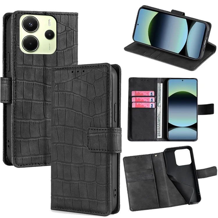 For Xiaomi Redmi Note 14 4G (163.25mm) Leather Case Wallet Stand Crocodile Texture Mobile Phone Cover - Black