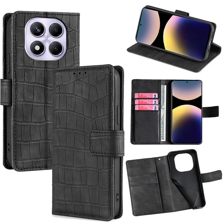 For Xiaomi Redmi Note 14 Pro 4G Leather Case Wallet Stand Crocodile Texture Mobile Phone Cover - Black