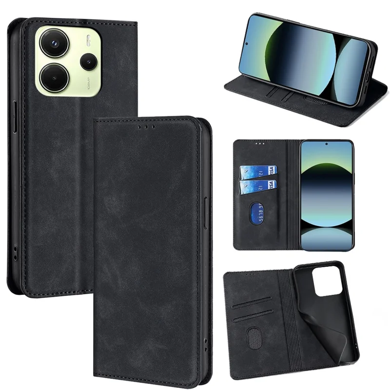 For Xiaomi Redmi Note 14 4G (163.25mm) Card Holder Case PU Leather Magnetic Closing Phone Cover - Black