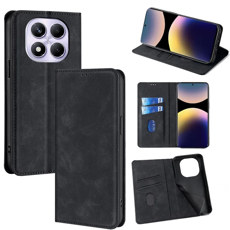 For Xiaomi Redmi Note 14 Pro 4G Card Holder Case PU Leather Magnetic Closing Phone Cover - Black