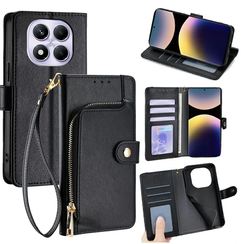 For Xiaomi Redmi Note 14 Pro 4G Case Zipper Pocket PU Leather Wallet Flip Phone Cover - Black