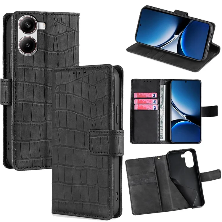 For Xiaomi Redmi Turbo 4 5G  /  Poco X7 Pro 5G Leather Case Wallet Stand Crocodile Texture Mobile Phone Cover - Black